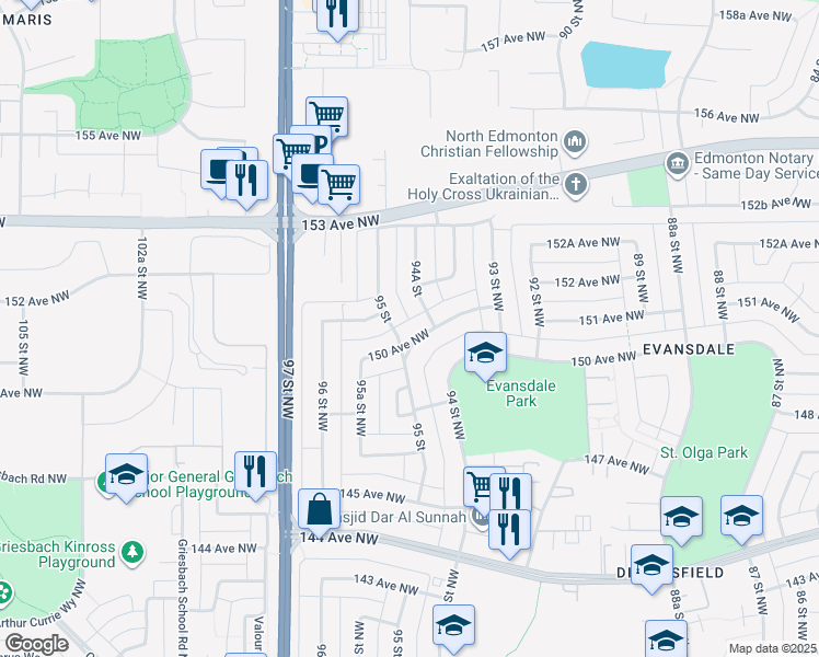 map of restaurants, bars, coffee shops, grocery stores, and more near 9432 150 Avenue Northwest in Edmonton