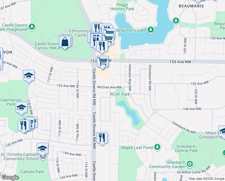 map of restaurants, bars, coffee shops, grocery stores, and more near 7473 Colonel Mewburn Road Northwest in Edmonton