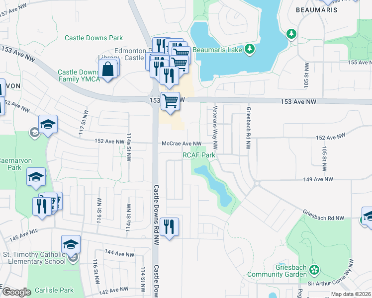 map of restaurants, bars, coffee shops, grocery stores, and more near 7473 Colonel Mewburn Road Northwest in Edmonton