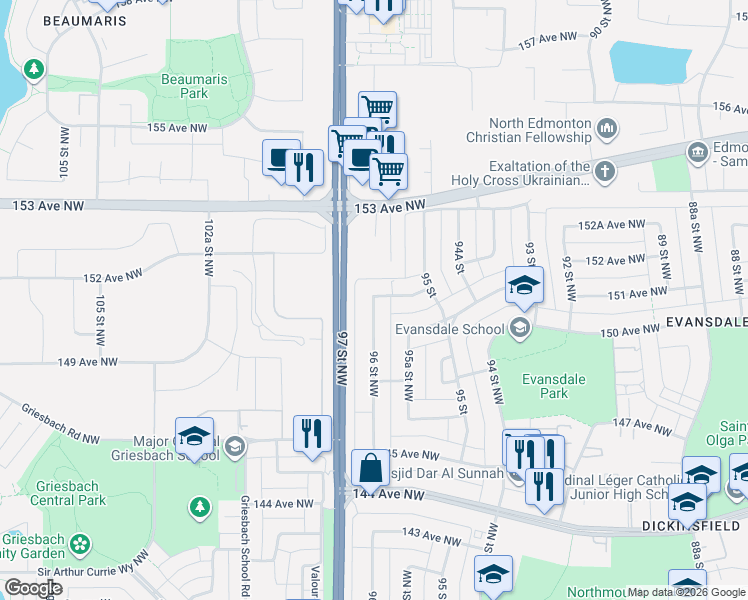 map of restaurants, bars, coffee shops, grocery stores, and more near 15011 96 Street Northwest in Edmonton