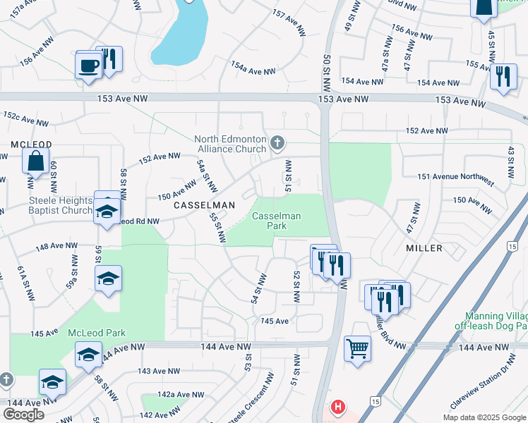 map of restaurants, bars, coffee shops, grocery stores, and more near 5203 149 Avenue Northwest in Edmonton