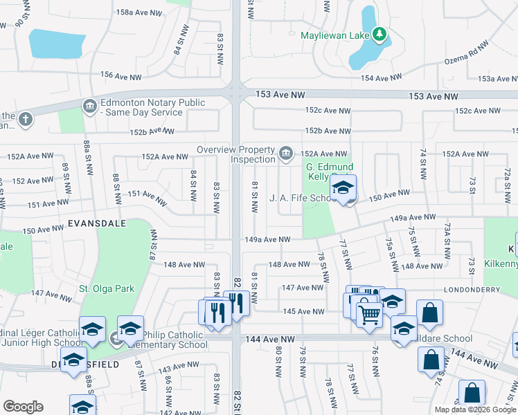 map of restaurants, bars, coffee shops, grocery stores, and more near 14935 81 Street Northwest in Edmonton