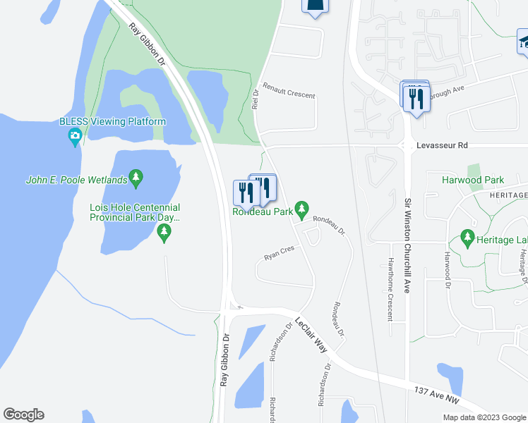 map of restaurants, bars, coffee shops, grocery stores, and more near 101 Riel Drive in St. Albert