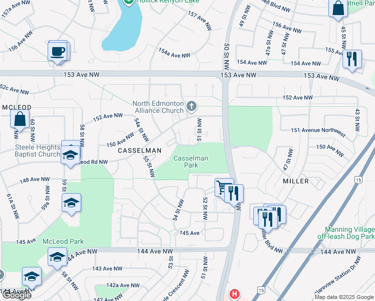 map of restaurants, bars, coffee shops, grocery stores, and more near 5203 149 Avenue Northwest in Edmonton