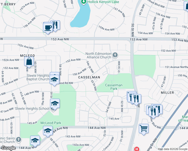 map of restaurants, bars, coffee shops, grocery stores, and more near 48 McLeod Road Northwest in Edmonton