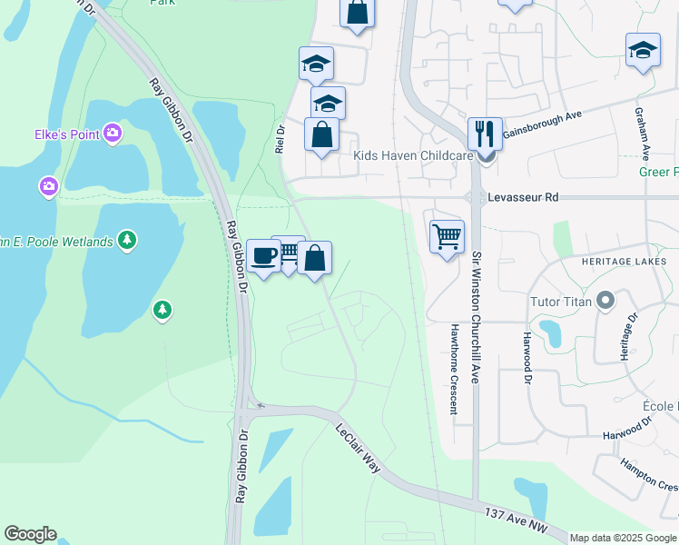 map of restaurants, bars, coffee shops, grocery stores, and more near 101 Riel Drive in St. Albert