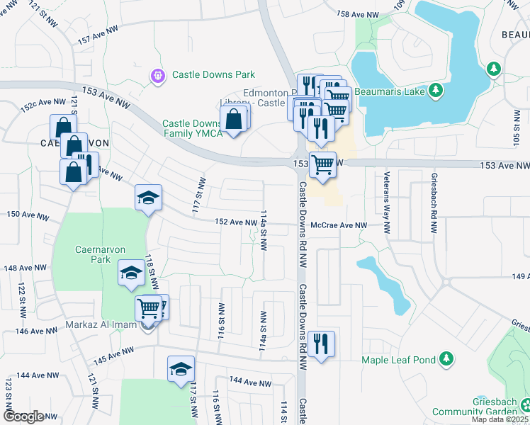 map of restaurants, bars, coffee shops, grocery stores, and more near Northwoods Village Northwest in Edmonton