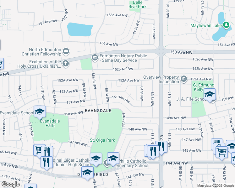map of restaurants, bars, coffee shops, grocery stores, and more near 8624 151 Avenue Northwest in Edmonton