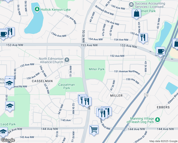 map of restaurants, bars, coffee shops, grocery stores, and more near 4910 Matheson Way Northwest in Edmonton