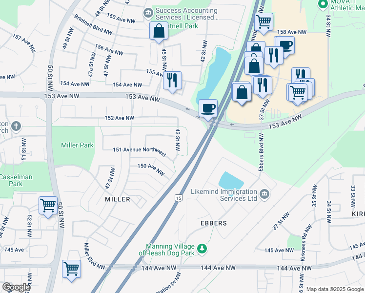 map of restaurants, bars, coffee shops, grocery stores, and more near 15125 43 Street Northwest in Edmonton