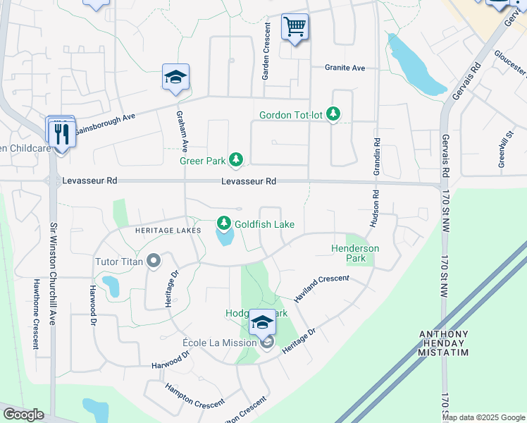 map of restaurants, bars, coffee shops, grocery stores, and more near 22 Highland Crescent in Saint Albert