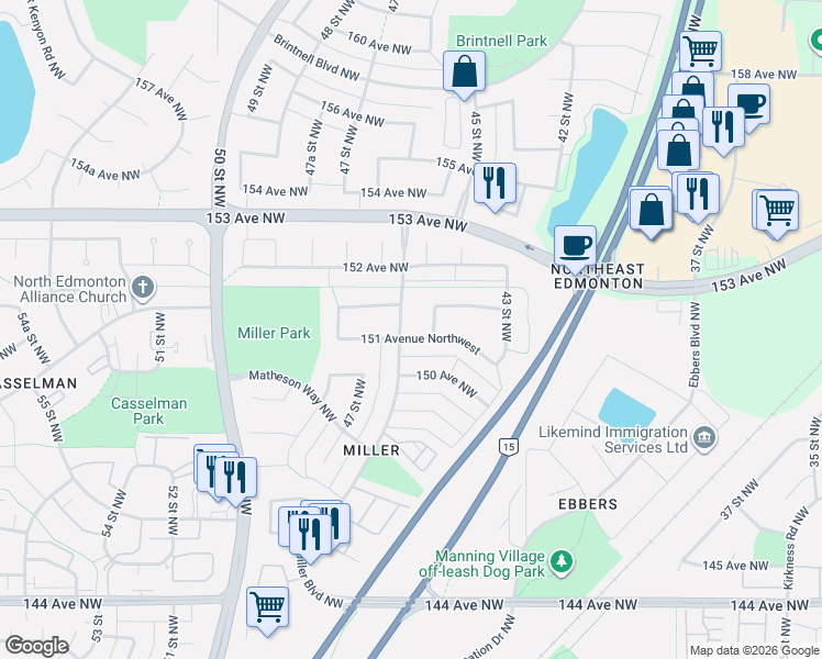 map of restaurants, bars, coffee shops, grocery stores, and more near 15105 Miller Boulevard Northwest in Edmonton