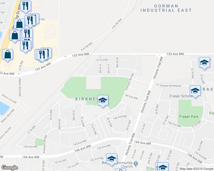 map of restaurants, bars, coffee shops, grocery stores, and more near 3015 151 Avenue Northwest in Edmonton