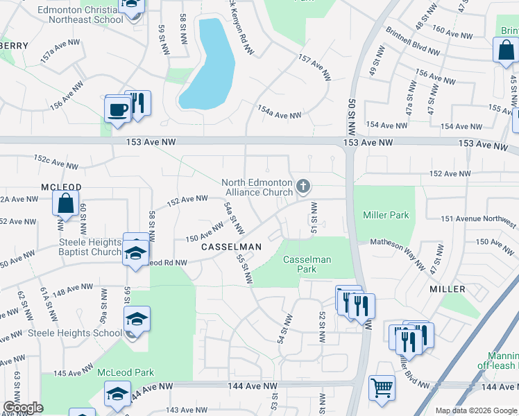map of restaurants, bars, coffee shops, grocery stores, and more near 48 McLeod Road Northwest in Edmonton
