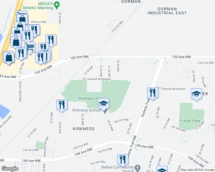 map of restaurants, bars, coffee shops, grocery stores, and more near 3015 151 Avenue Northwest in Edmonton