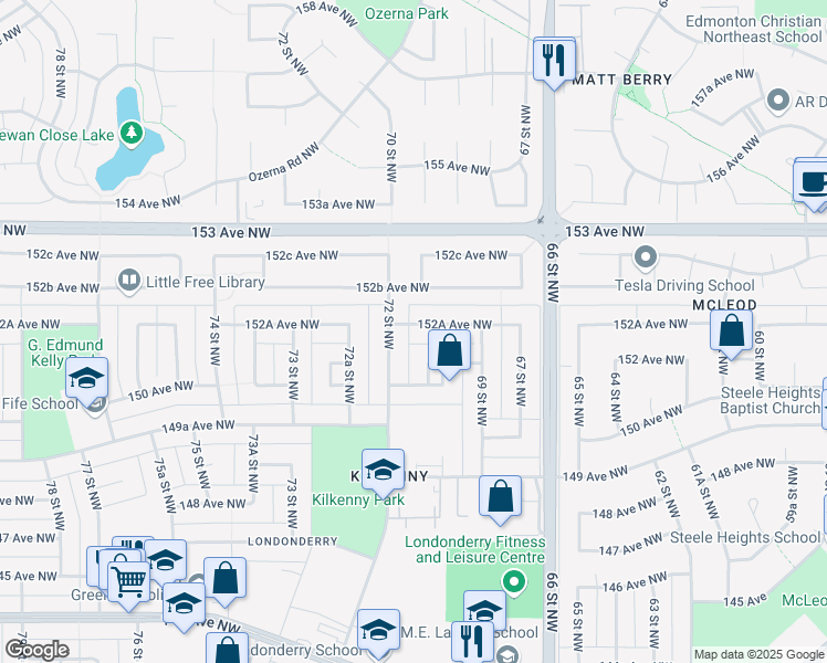map of restaurants, bars, coffee shops, grocery stores, and more near 7107 152A Avenue Northwest in Edmonton