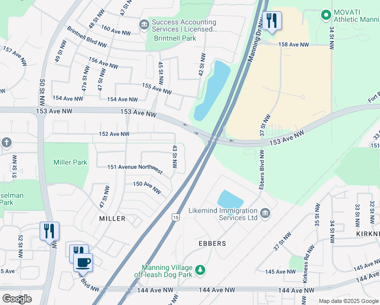 map of restaurants, bars, coffee shops, grocery stores, and more near 15125 43 Street Northwest in Edmonton