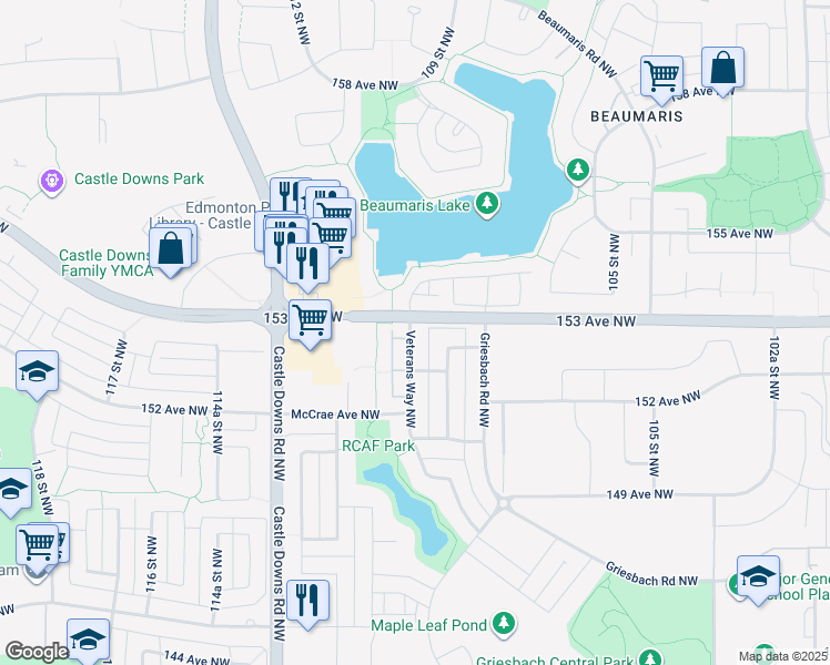 map of restaurants, bars, coffee shops, grocery stores, and more near 4367 Veterans Way Northwest in Edmonton