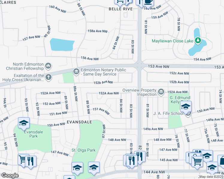 map of restaurants, bars, coffee shops, grocery stores, and more near 8503 152B Avenue Northwest in Edmonton