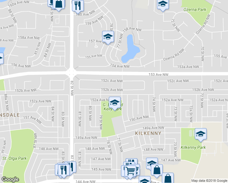 map of restaurants, bars, coffee shops, grocery stores, and more near 7619 152B Avenue Northwest in Edmonton