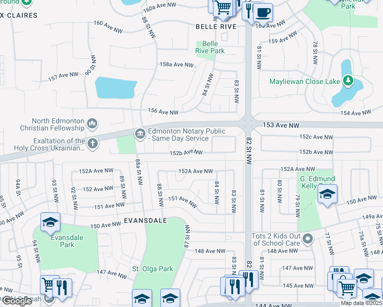 map of restaurants, bars, coffee shops, grocery stores, and more near 8503 152B Avenue Northwest in Edmonton