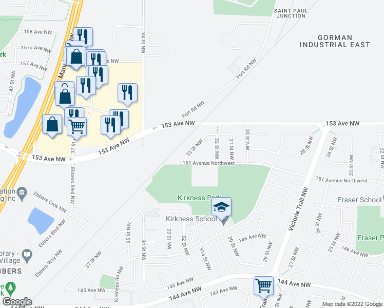 map of restaurants, bars, coffee shops, grocery stores, and more near 15127 33 Street Northwest in Edmonton