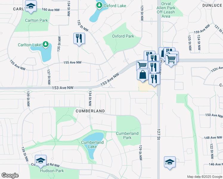 map of restaurants, bars, coffee shops, grocery stores, and more near 13215 153 Avenue Northwest in Edmonton