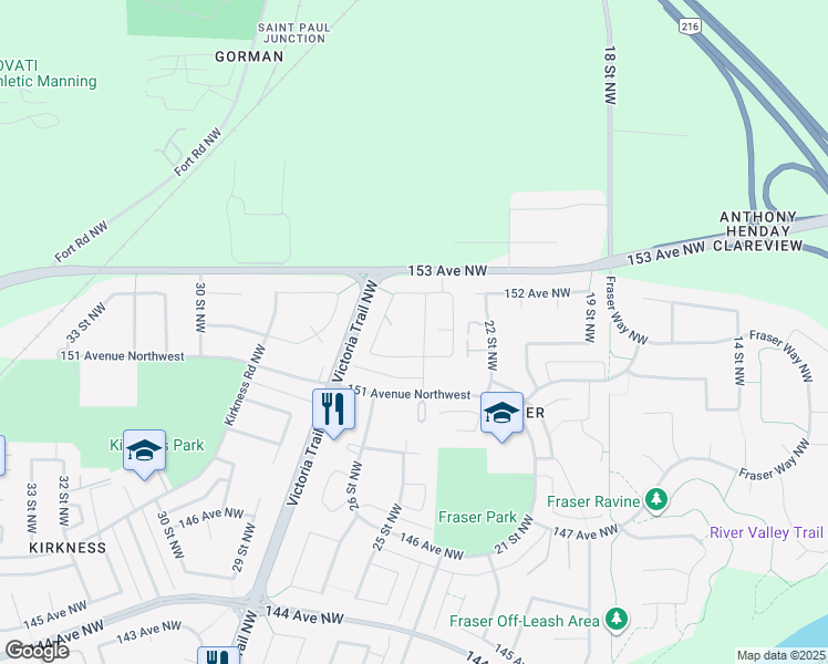 map of restaurants, bars, coffee shops, grocery stores, and more near 15156 25 Street Northwest in Edmonton