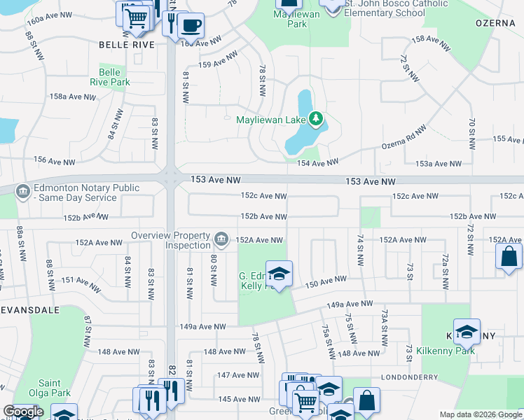 map of restaurants, bars, coffee shops, grocery stores, and more near 7619 152B Avenue Northwest in Edmonton