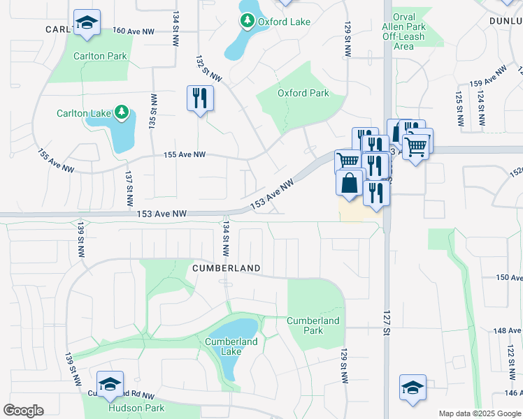 map of restaurants, bars, coffee shops, grocery stores, and more near 13215 153 Avenue Northwest in Edmonton