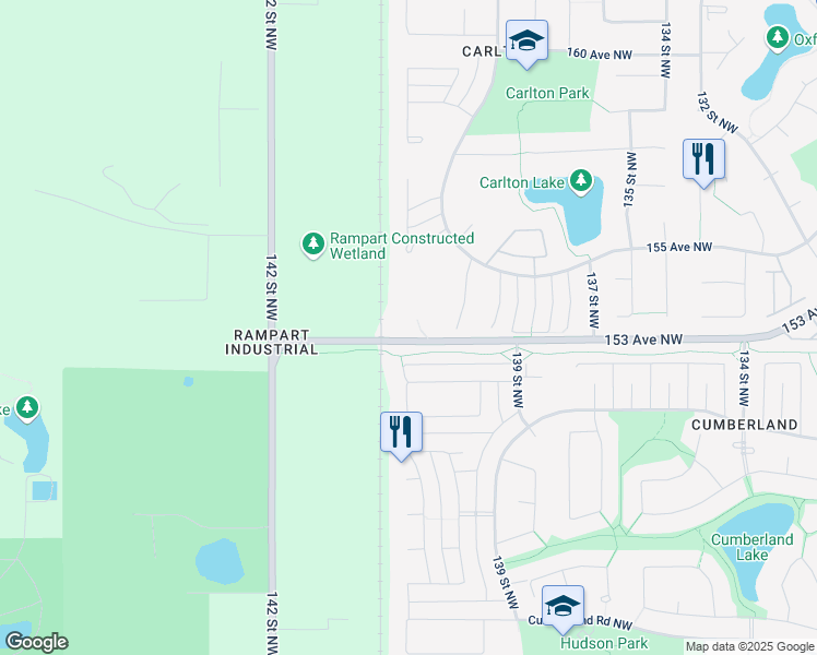 map of restaurants, bars, coffee shops, grocery stores, and more near 13835 155 Avenue Northwest in Edmonton