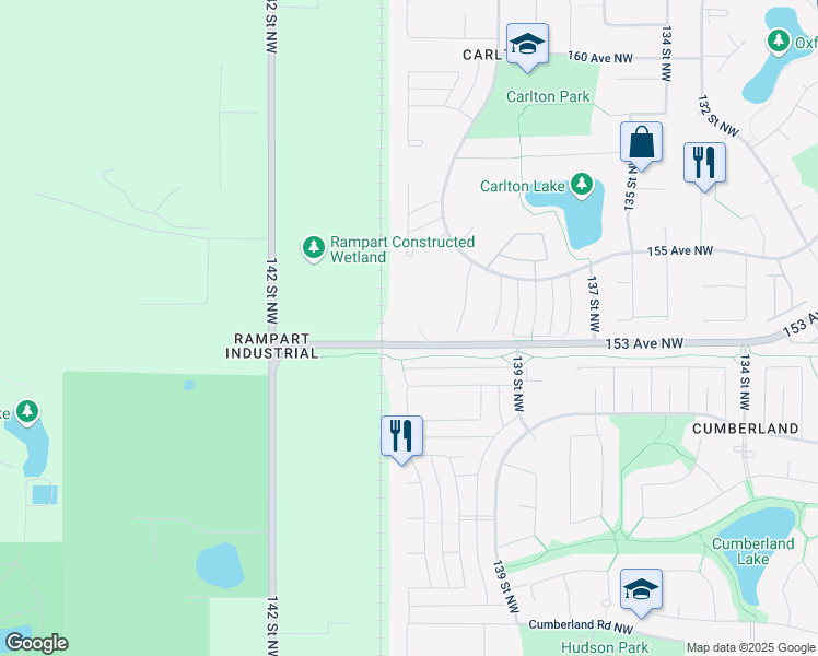 map of restaurants, bars, coffee shops, grocery stores, and more near 13835 155 Avenue Northwest in Edmonton
