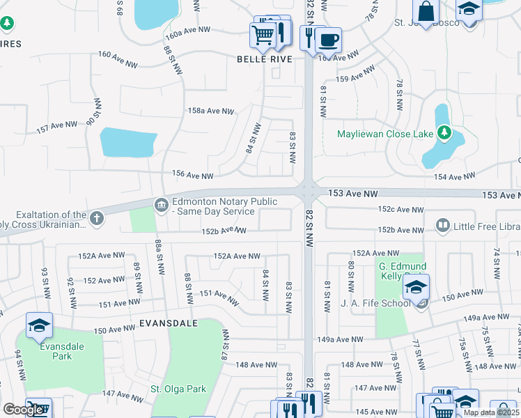 map of restaurants, bars, coffee shops, grocery stores, and more near 12344 152C Avenue Northwest in Edmonton