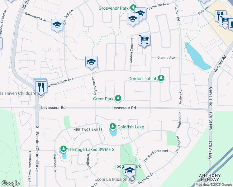 map of restaurants, bars, coffee shops, grocery stores, and more near 44 Greer Crescent in Saint Albert