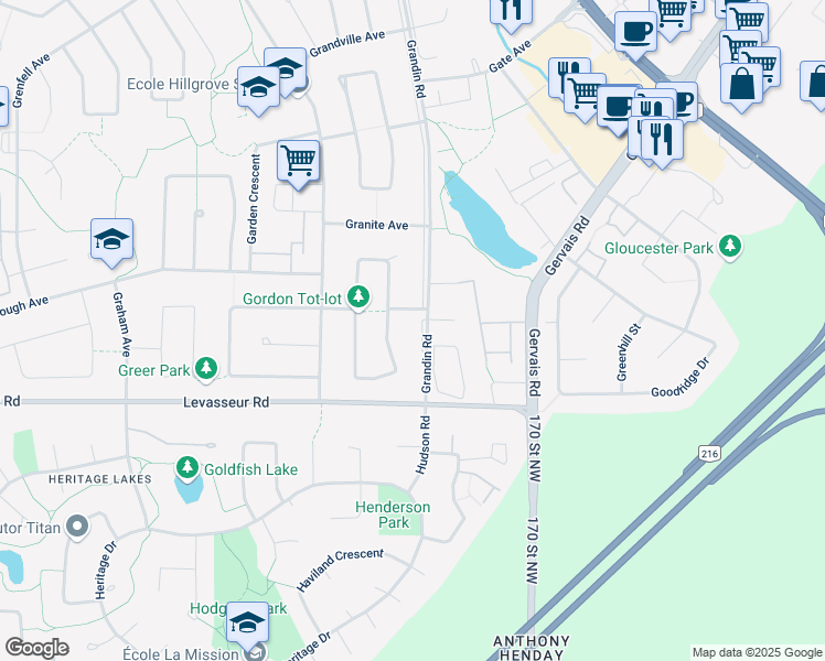 map of restaurants, bars, coffee shops, grocery stores, and more near 4 Grandin Lane in St. Albert