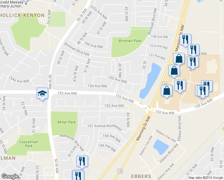 map of restaurants, bars, coffee shops, grocery stores, and more near 4505 154 Avenue Northwest in Edmonton
