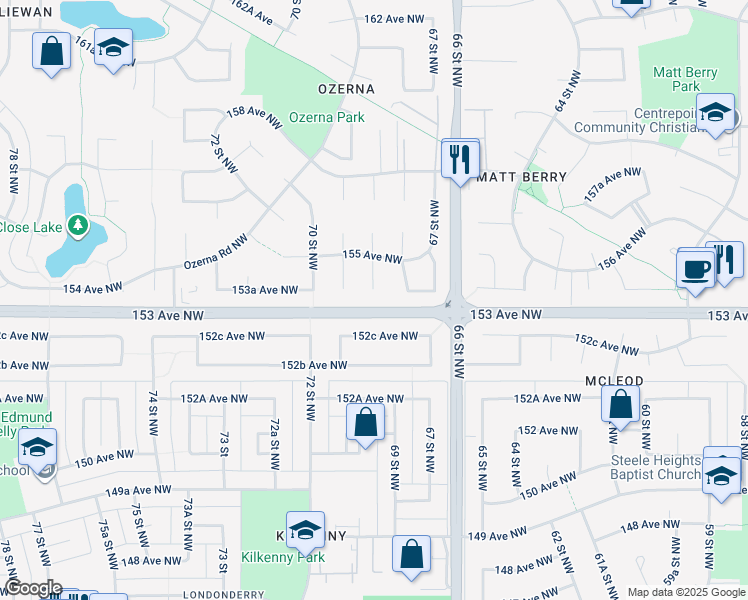 map of restaurants, bars, coffee shops, grocery stores, and more near 15404 68 Street Northwest in Edmonton