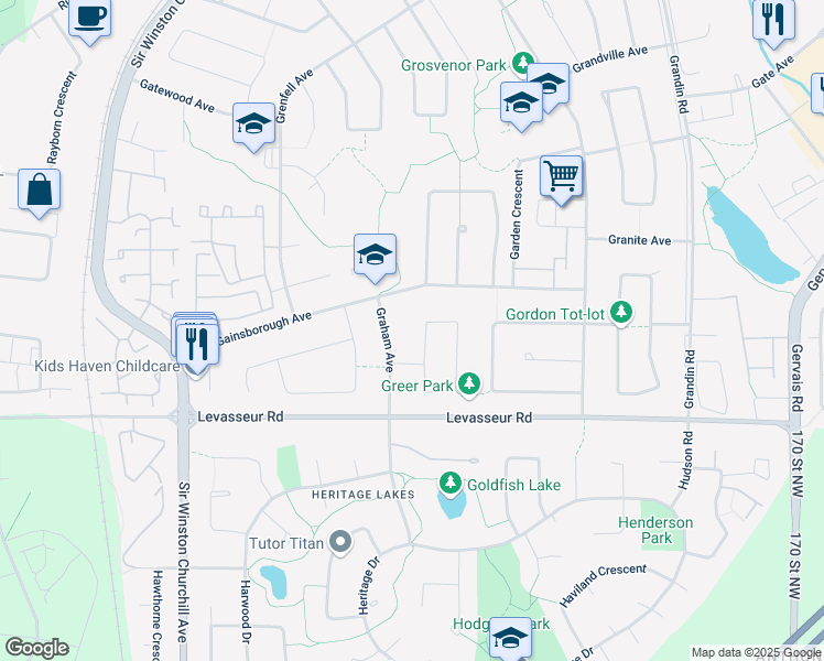 map of restaurants, bars, coffee shops, grocery stores, and more near 13 Greer Crescent in St. Albert
