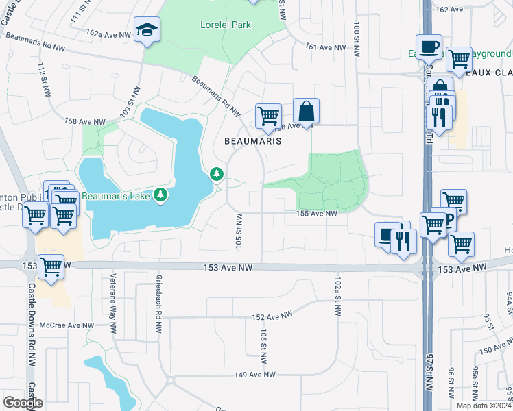 map of restaurants, bars, coffee shops, grocery stores, and more near 15451 Beaumaris Road Northwest in Edmonton