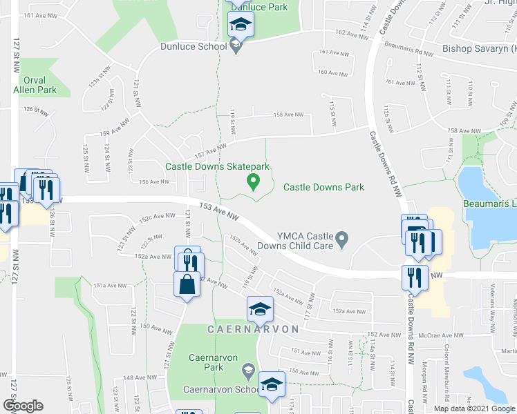 map of restaurants, bars, coffee shops, grocery stores, and more near 11930 153 Avenue Northwest in Edmonton