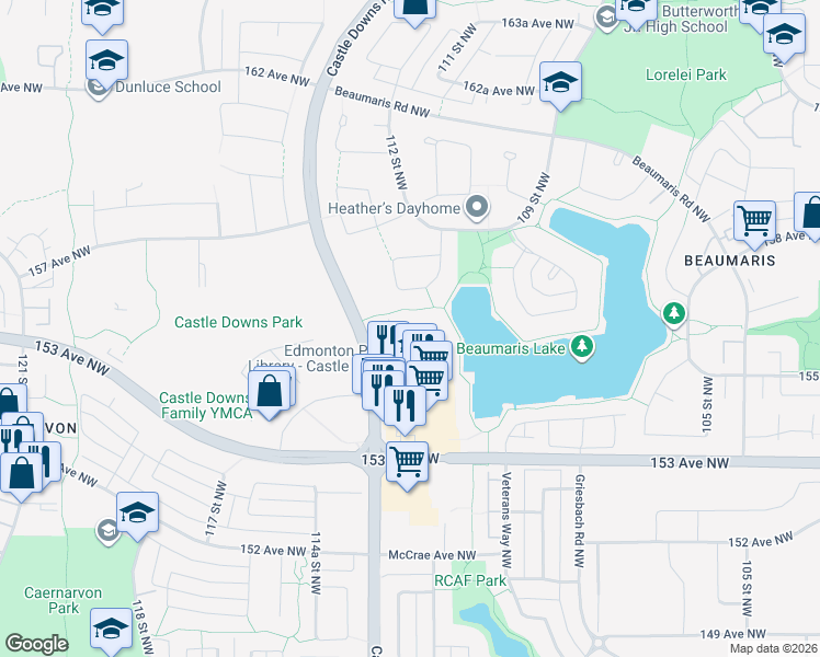 map of restaurants, bars, coffee shops, grocery stores, and more near 15501 Castle Downs Road Northwest in Edmonton