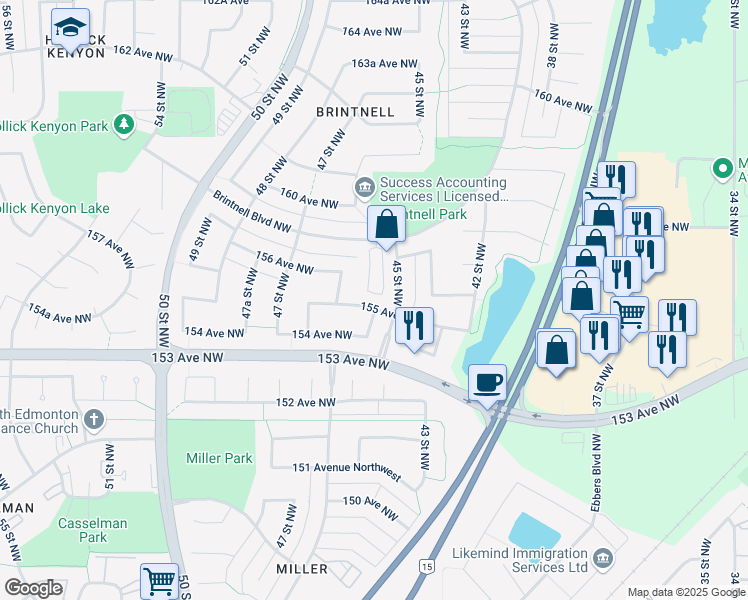 map of restaurants, bars, coffee shops, grocery stores, and more near 171 Brintnell Boulevard Northwest in Edmonton