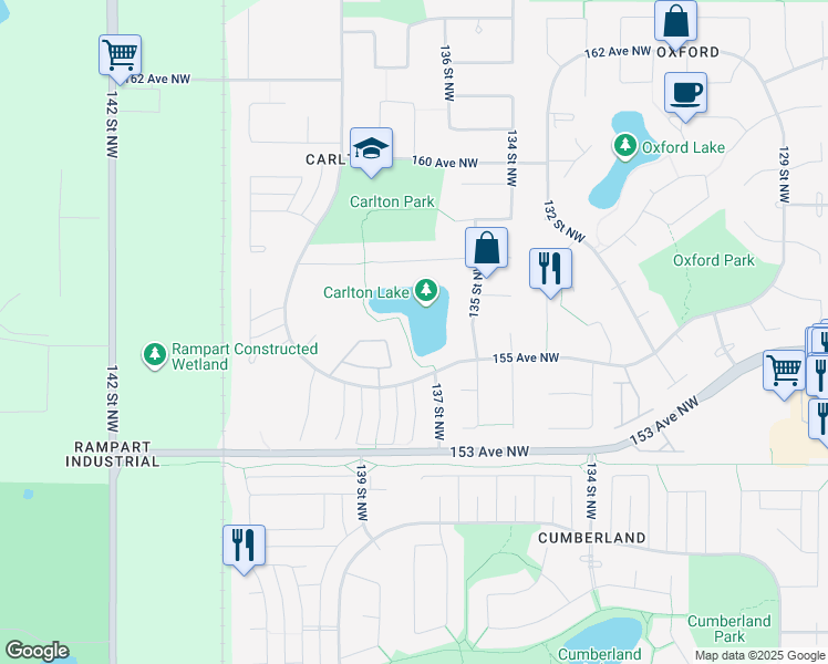 map of restaurants, bars, coffee shops, grocery stores, and more near 15702 135 Street Northwest in Edmonton