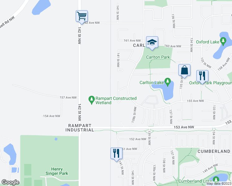 map of restaurants, bars, coffee shops, grocery stores, and more near 15628 141 Street Northwest in Edmonton