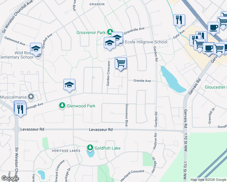 map of restaurants, bars, coffee shops, grocery stores, and more near 6 Gainsborough Avenue in St. Albert