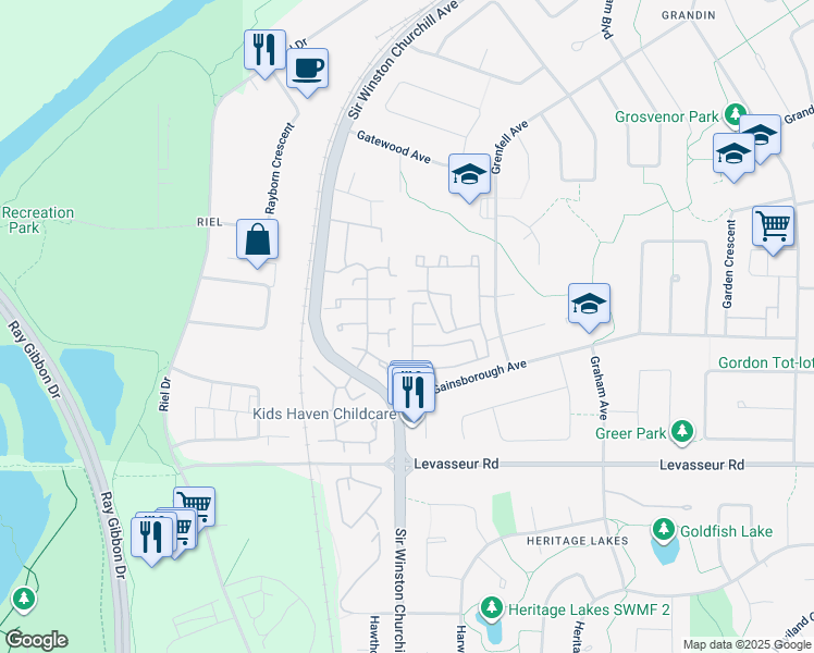 map of restaurants, bars, coffee shops, grocery stores, and more near 69 Greenfield Estates in St. Albert