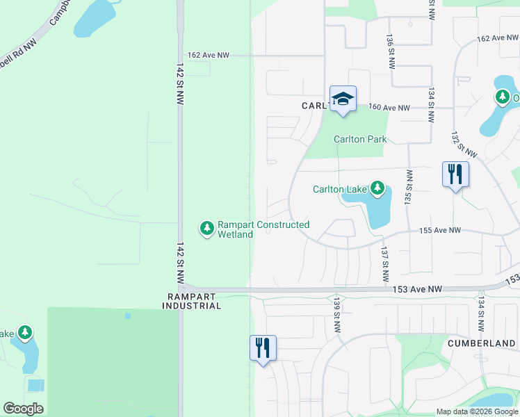 map of restaurants, bars, coffee shops, grocery stores, and more near 15628 141 Street Northwest in Edmonton