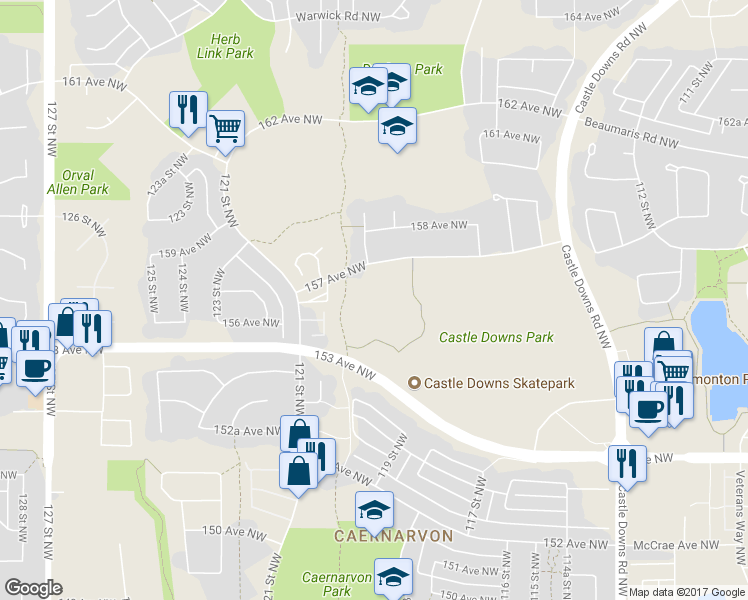 map of restaurants, bars, coffee shops, grocery stores, and more near 185 Lancaster Terrace Northwest in Edmonton