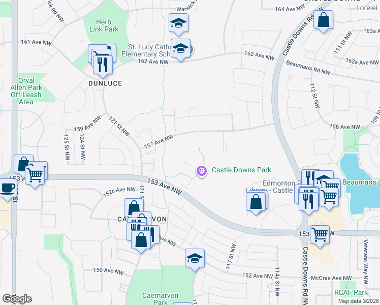 map of restaurants, bars, coffee shops, grocery stores, and more near 181 Lancaster Terrace Northwest in Edmonton