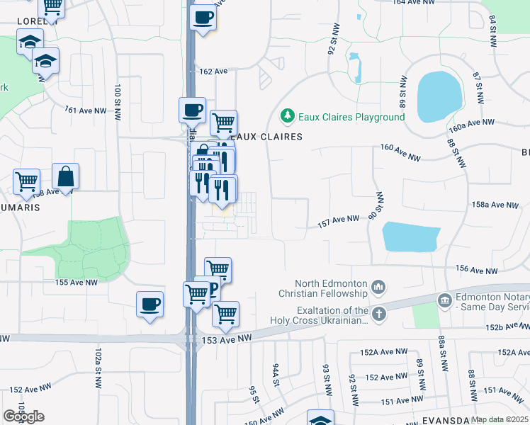 map of restaurants, bars, coffee shops, grocery stores, and more near 15740 95 Street in Edmonton